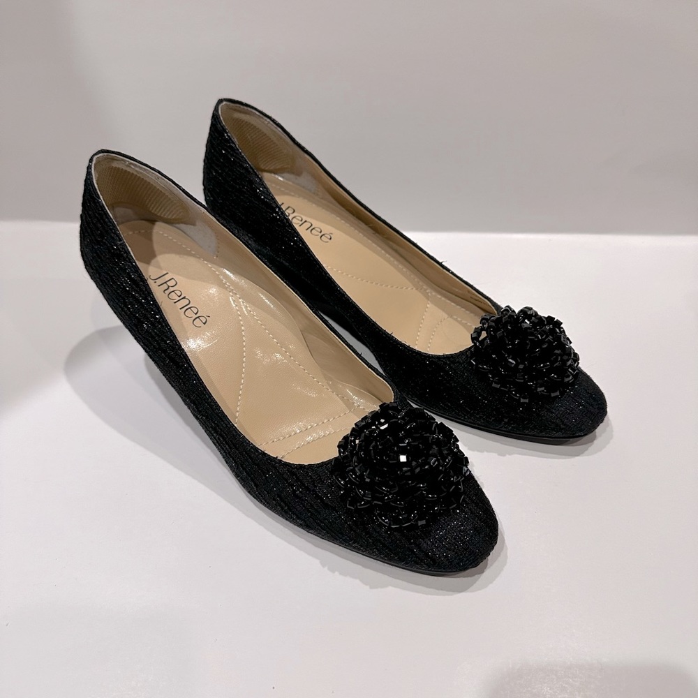 J.Renee Black Embellished Wedge Flats